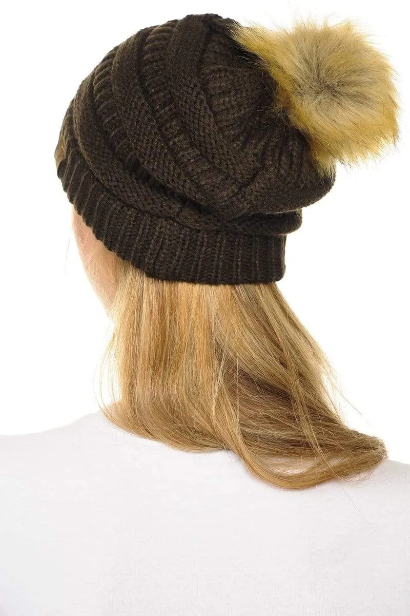 C.C Hat 43 - Slouchy Thick Warm Cap Hat Skully Faux Fur Pom Pom Cable Knit Beanie