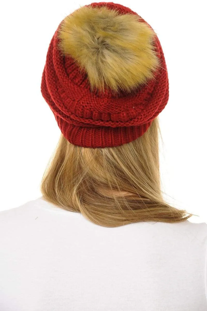 C.C Hat 43 - Slouchy Thick Warm Cap Hat Skully Faux Fur Pom Pom Cable Knit Beanie