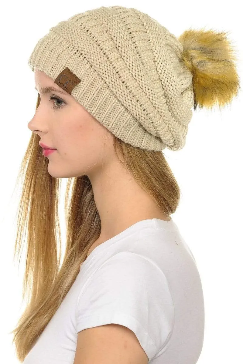 C.C Hat 43 - Slouchy Thick Warm Cap Hat Skully Faux Fur Pom Pom Cable Knit Beanie