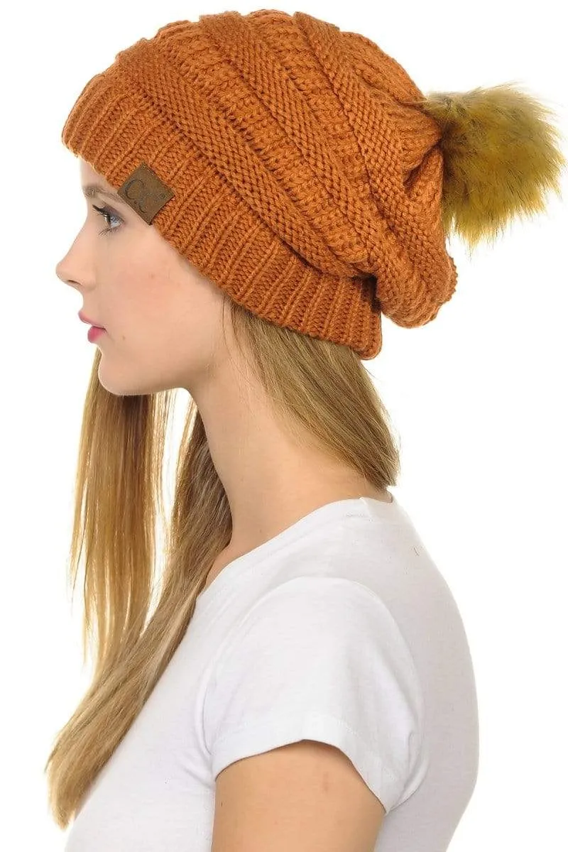 C.C Hat 43 - Slouchy Thick Warm Cap Hat Skully Faux Fur Pom Pom Cable Knit Beanie