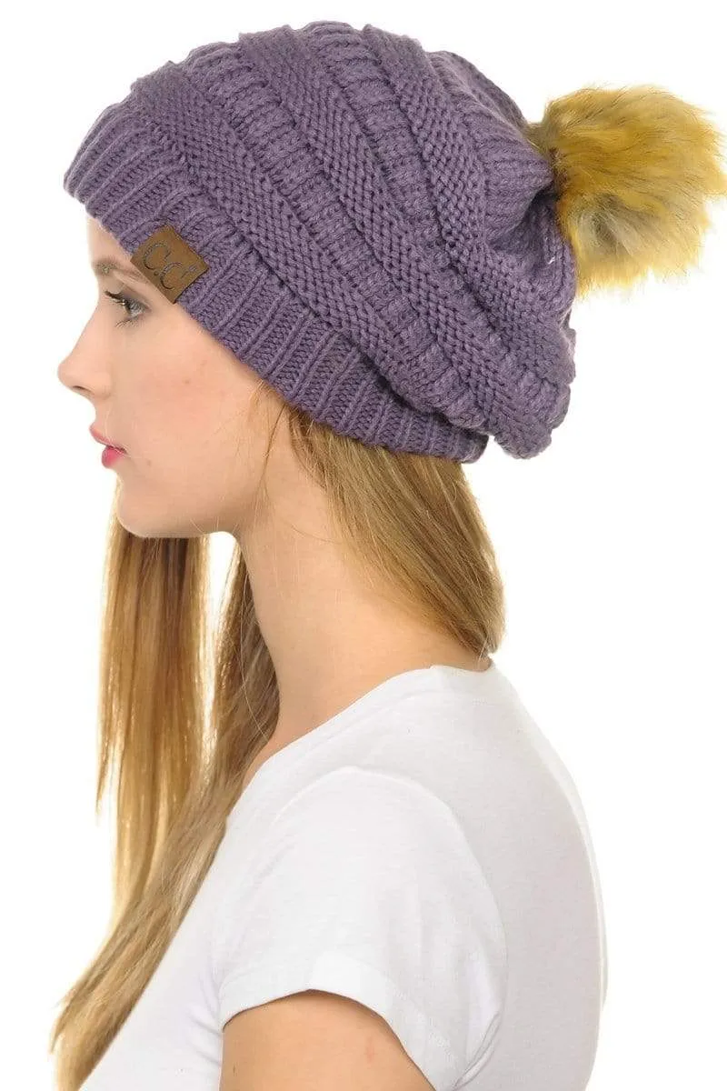 C.C Hat 43 - Slouchy Thick Warm Cap Hat Skully Faux Fur Pom Pom Cable Knit Beanie