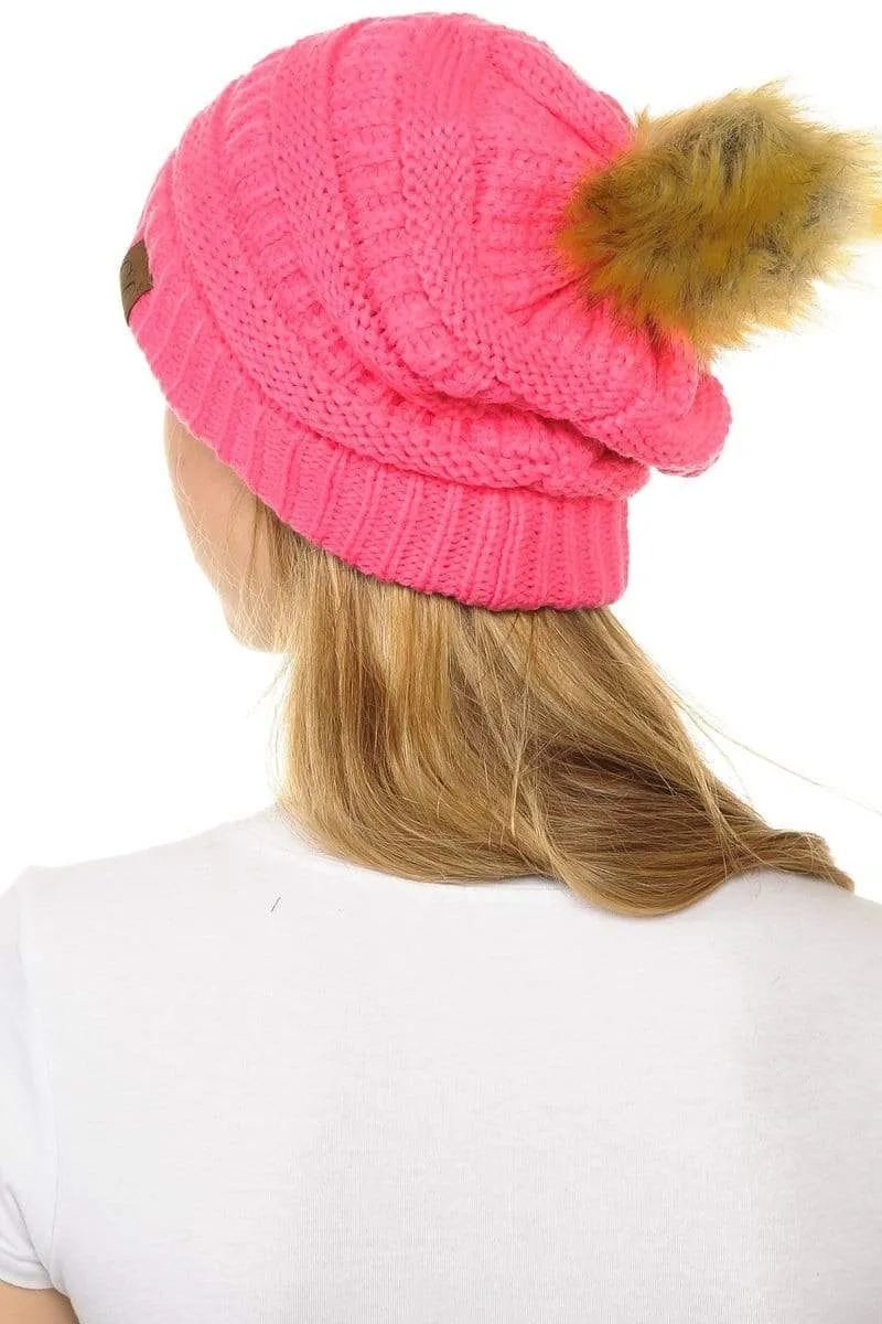 C.C Hat 43 - Slouchy Thick Warm Cap Hat Skully Faux Fur Pom Pom Cable Knit Beanie