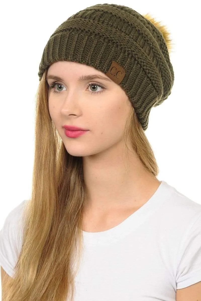 C.C Hat 43 - Slouchy Thick Warm Cap Hat Skully Faux Fur Pom Pom Cable Knit Beanie