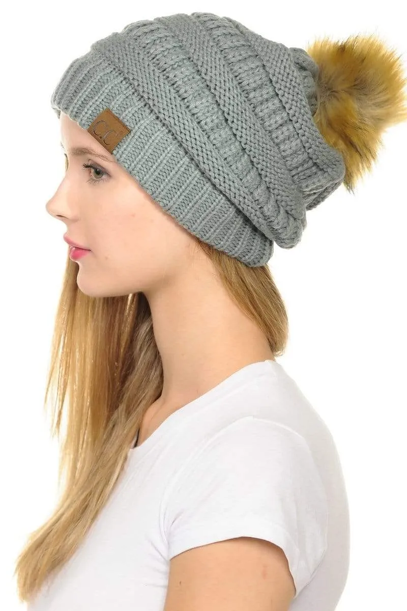 C.C Hat 43 - Slouchy Thick Warm Cap Hat Skully Faux Fur Pom Pom Cable Knit Beanie
