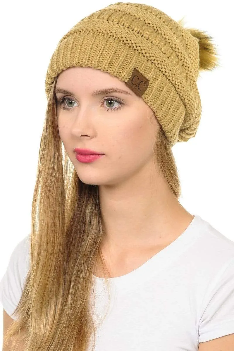 C.C Hat 43 - Slouchy Thick Warm Cap Hat Skully Faux Fur Pom Pom Cable Knit Beanie