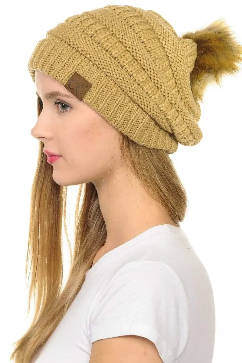C.C Hat 43 - Slouchy Thick Warm Cap Hat Skully Faux Fur Pom Pom Cable Knit Beanie