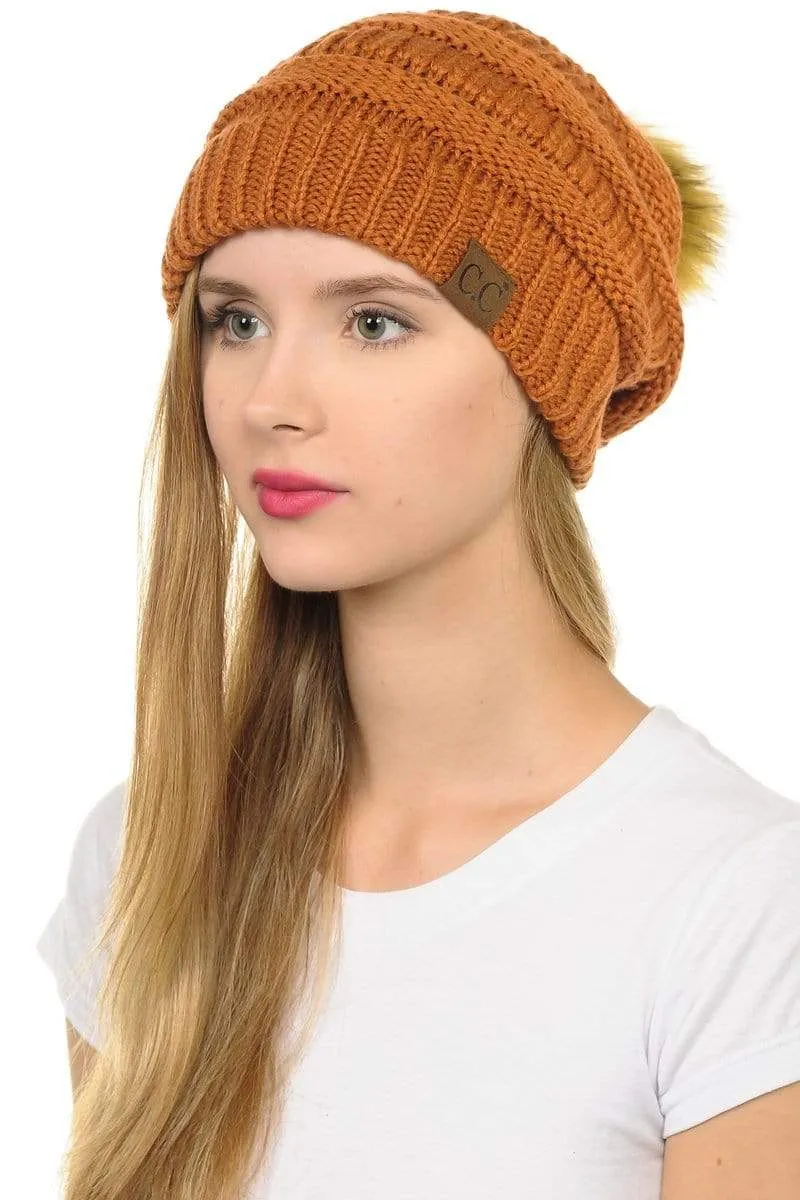 C.C Hat 43 - Slouchy Thick Warm Cap Hat Skully Faux Fur Pom Pom Cable Knit Beanie
