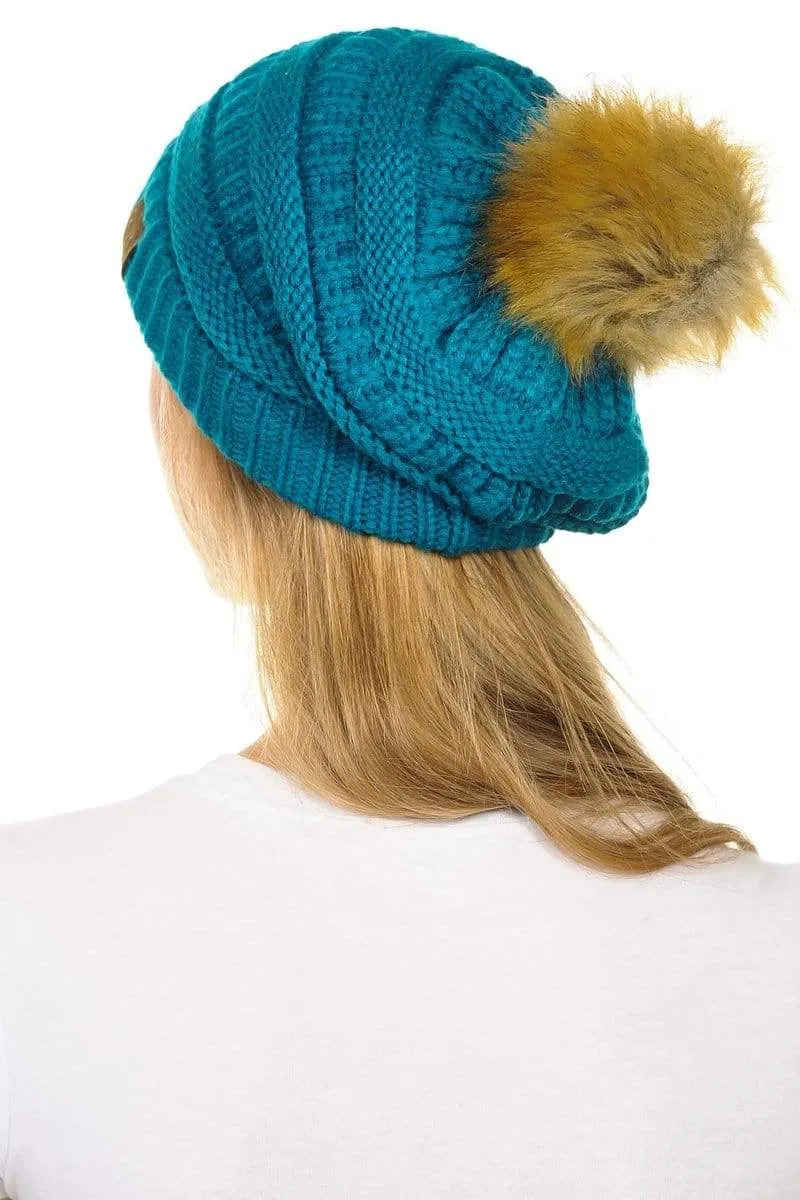 C.C Hat 43 - Slouchy Thick Warm Cap Hat Skully Faux Fur Pom Pom Cable Knit Beanie