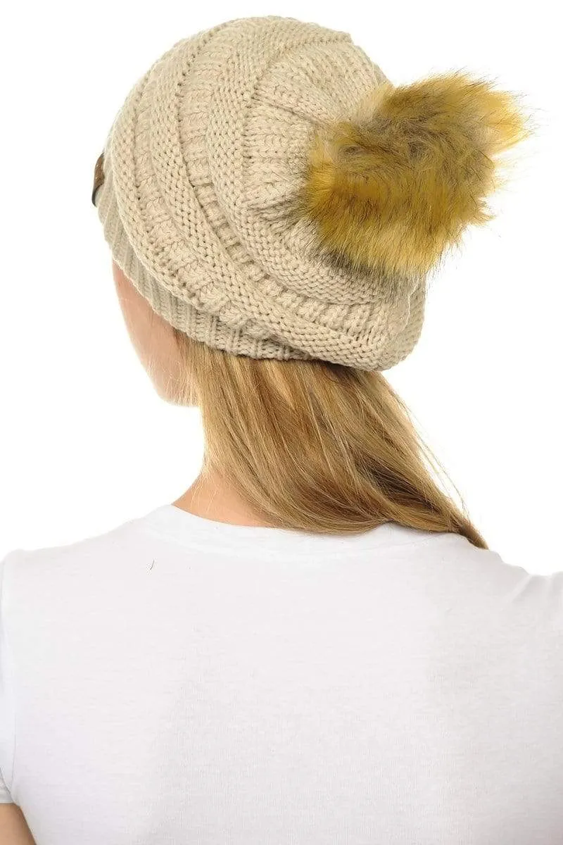 C.C Hat 43 - Slouchy Thick Warm Cap Hat Skully Faux Fur Pom Pom Cable Knit Beanie