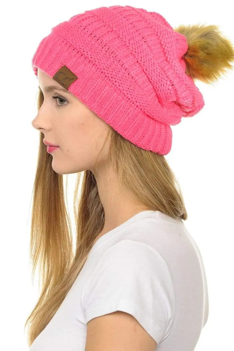 C.C Hat 43 - Slouchy Thick Warm Cap Hat Skully Faux Fur Pom Pom Cable Knit Beanie