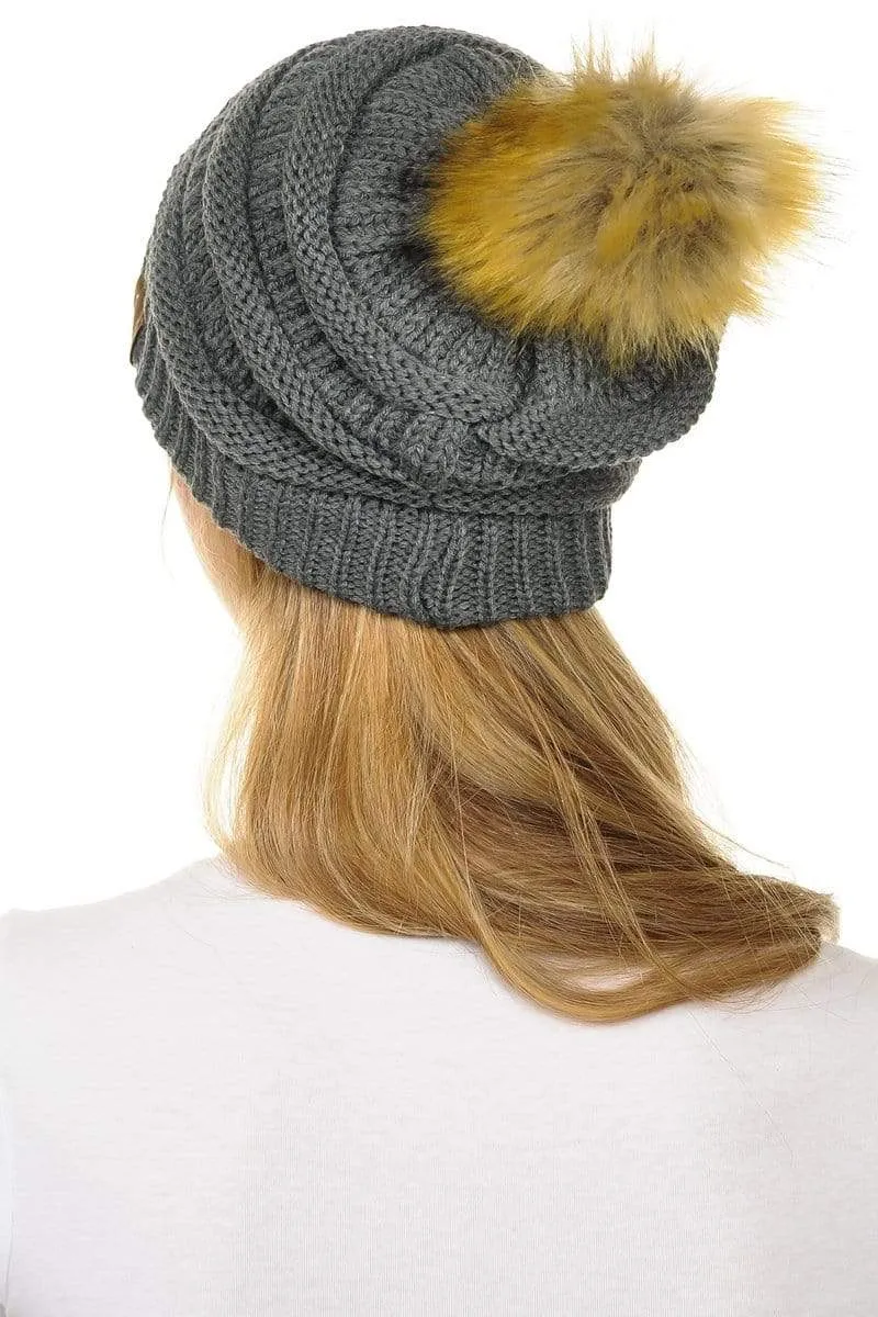 C.C Hat 43 - Slouchy Thick Warm Cap Hat Skully Faux Fur Pom Pom Cable Knit Beanie