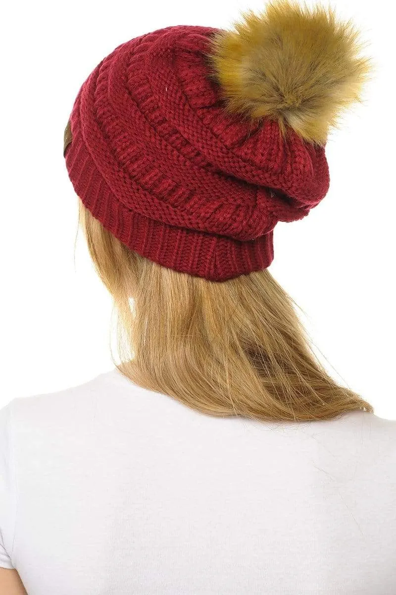 C.C Hat 43 - Slouchy Thick Warm Cap Hat Skully Faux Fur Pom Pom Cable Knit Beanie