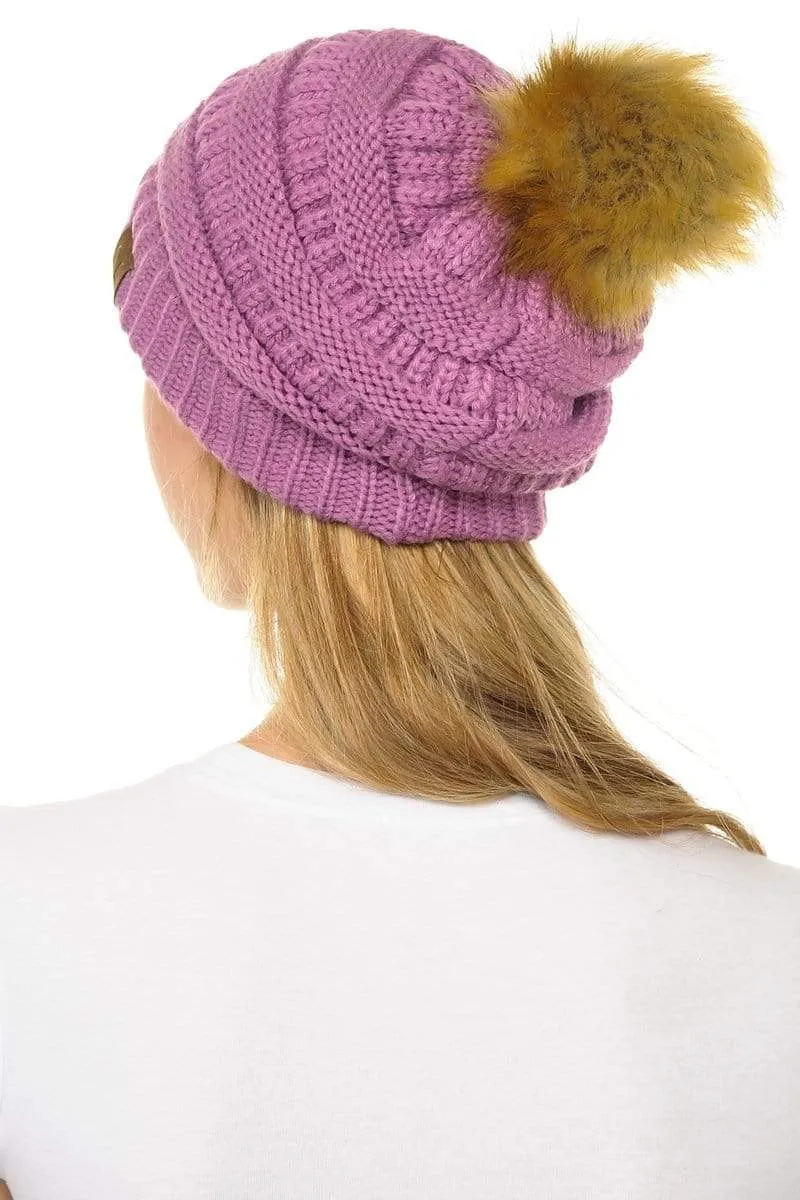 C.C Hat 43 - Slouchy Thick Warm Cap Hat Skully Faux Fur Pom Pom Cable Knit Beanie