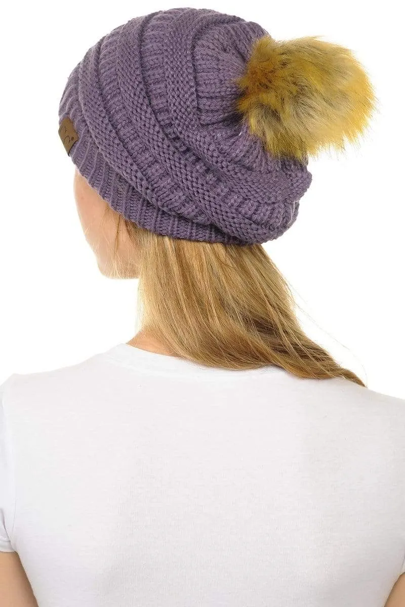 C.C Hat 43 - Slouchy Thick Warm Cap Hat Skully Faux Fur Pom Pom Cable Knit Beanie