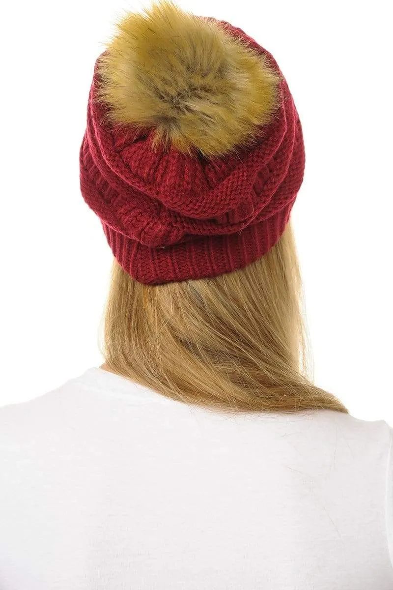C.C Hat 43 - Slouchy Thick Warm Cap Hat Skully Faux Fur Pom Pom Cable Knit Beanie