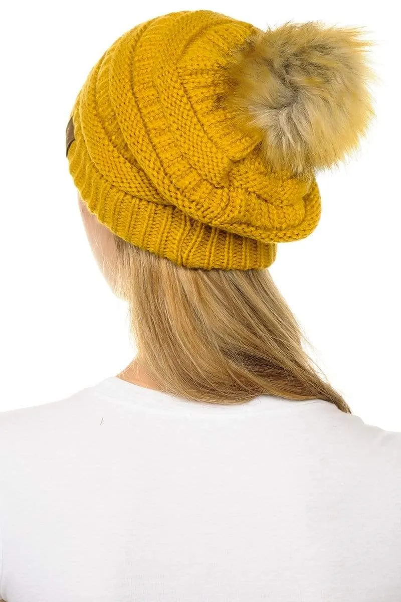C.C Hat 43 - Slouchy Thick Warm Cap Hat Skully Faux Fur Pom Pom Cable Knit Beanie