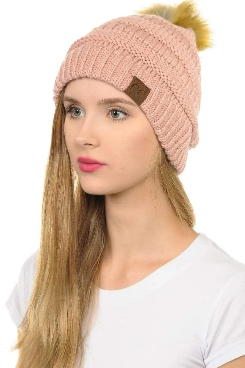C.C Hat 43 - Slouchy Thick Warm Cap Hat Skully Faux Fur Pom Pom Cable Knit Beanie
