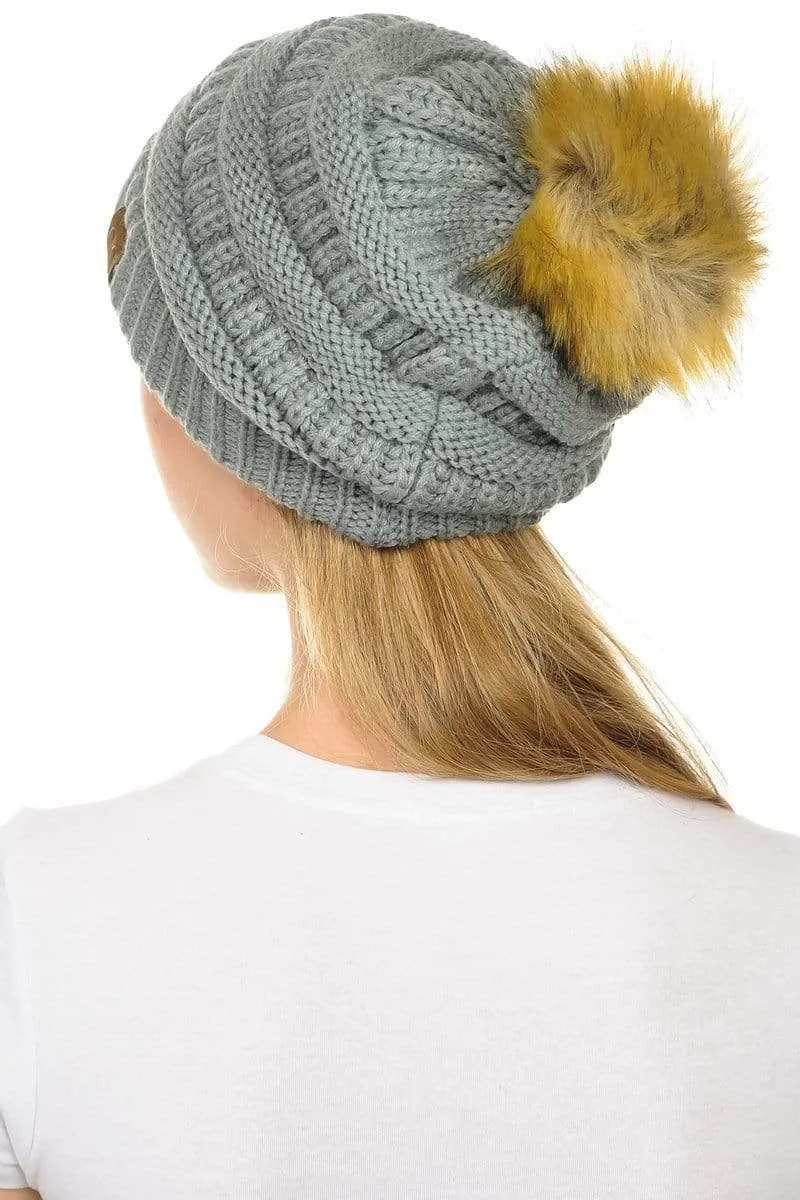 C.C Hat 43 - Slouchy Thick Warm Cap Hat Skully Faux Fur Pom Pom Cable Knit Beanie