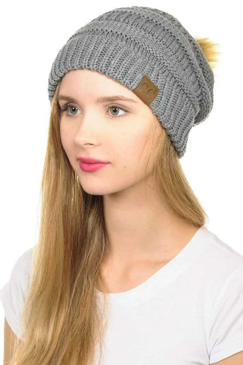 C.C Hat 43 - Slouchy Thick Warm Cap Hat Skully Faux Fur Pom Pom Cable Knit Beanie