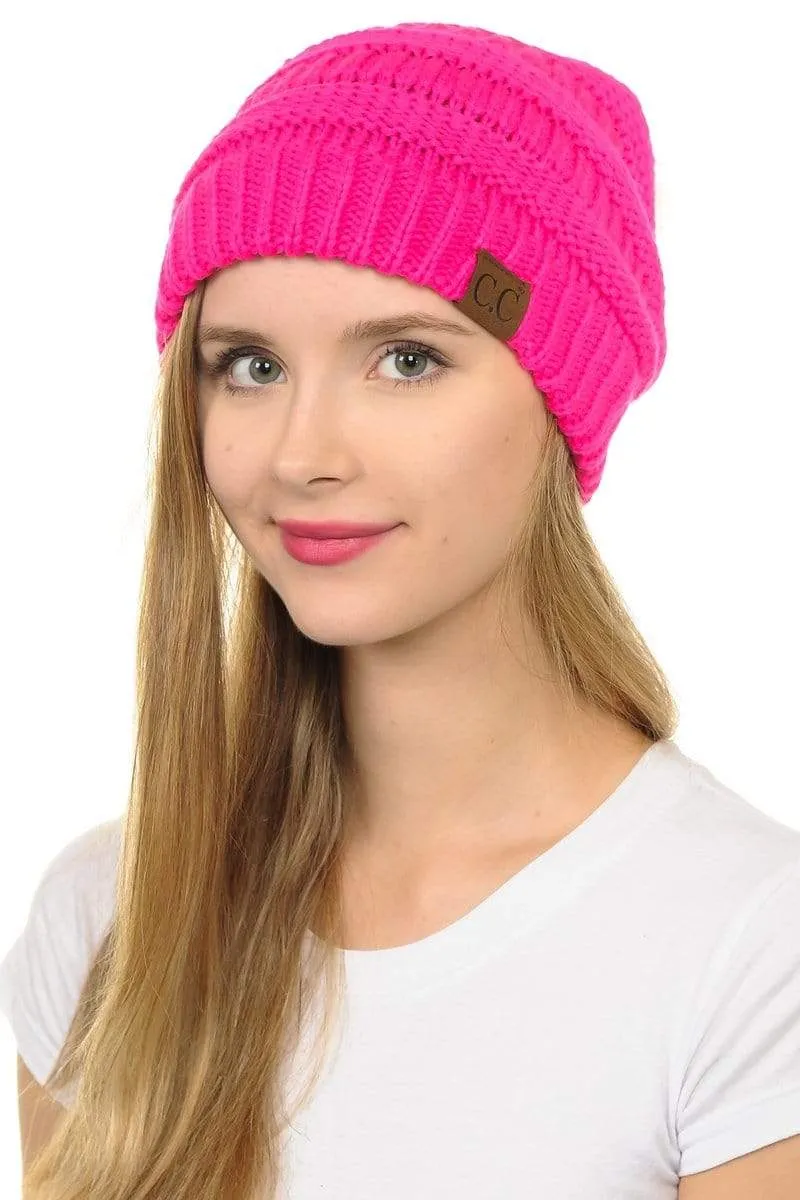 C.C Hat 43 - Slouchy Thick Warm Cap Hat Skully Faux Fur Pom Pom Cable Knit Beanie