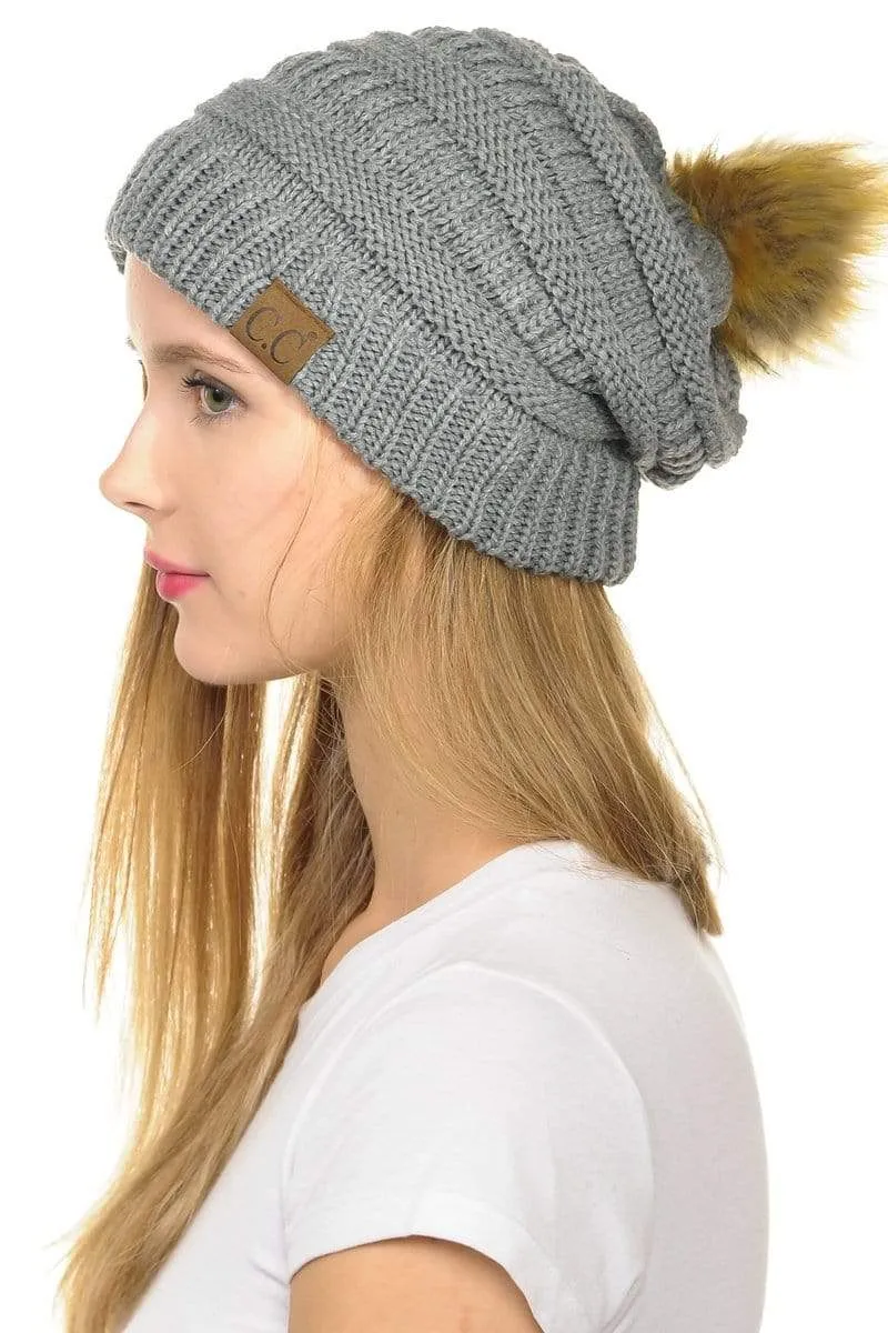 C.C Hat 43 - Slouchy Thick Warm Cap Hat Skully Faux Fur Pom Pom Cable Knit Beanie