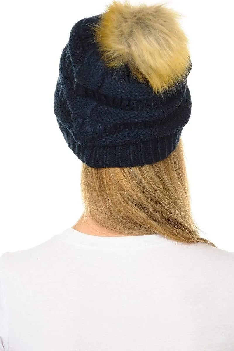 C.C Hat 43 - Slouchy Thick Warm Cap Hat Skully Faux Fur Pom Pom Cable Knit Beanie