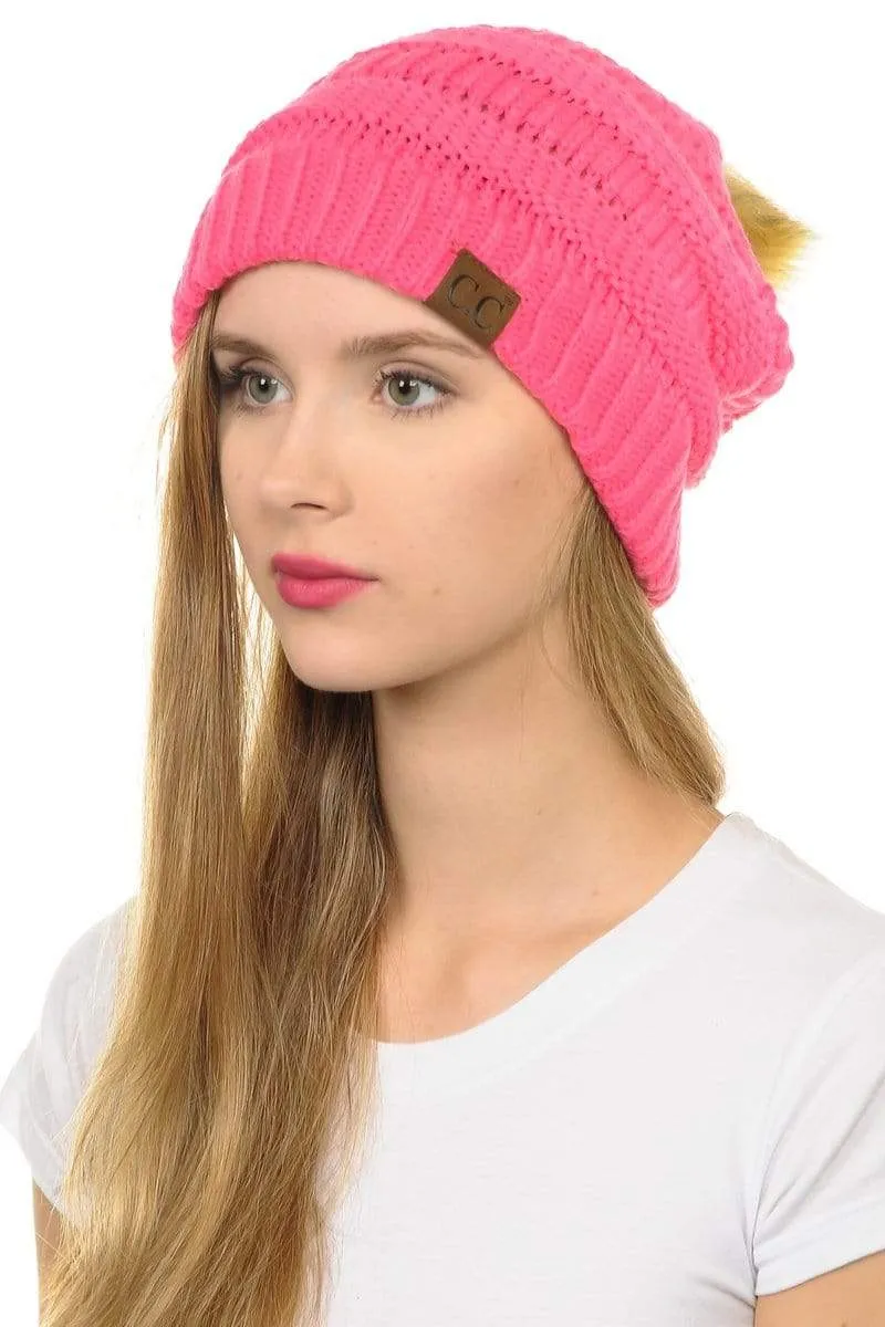 C.C Hat 43 - Slouchy Thick Warm Cap Hat Skully Faux Fur Pom Pom Cable Knit Beanie