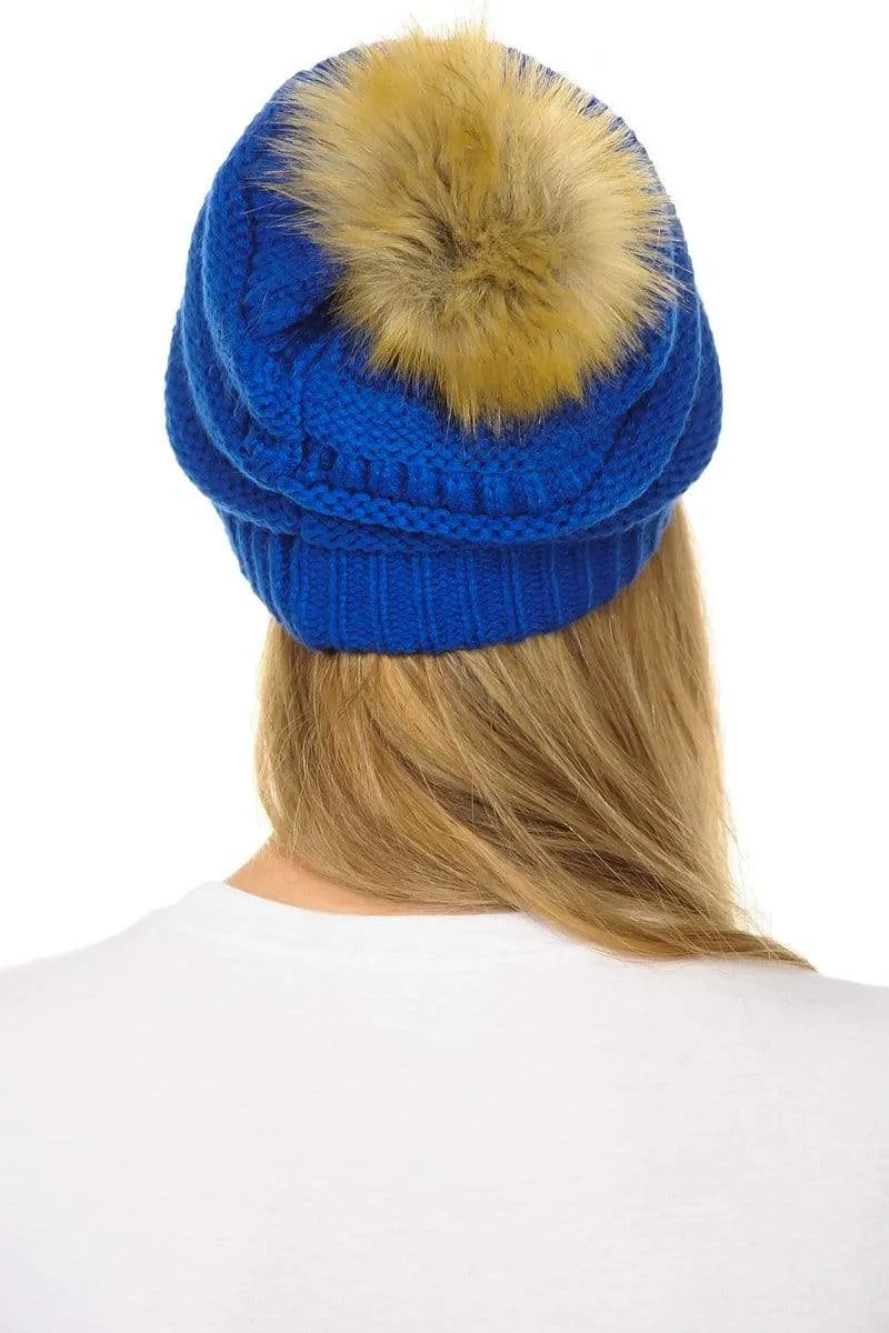 C.C Hat 43 - Slouchy Thick Warm Cap Hat Skully Faux Fur Pom Pom Cable Knit Beanie