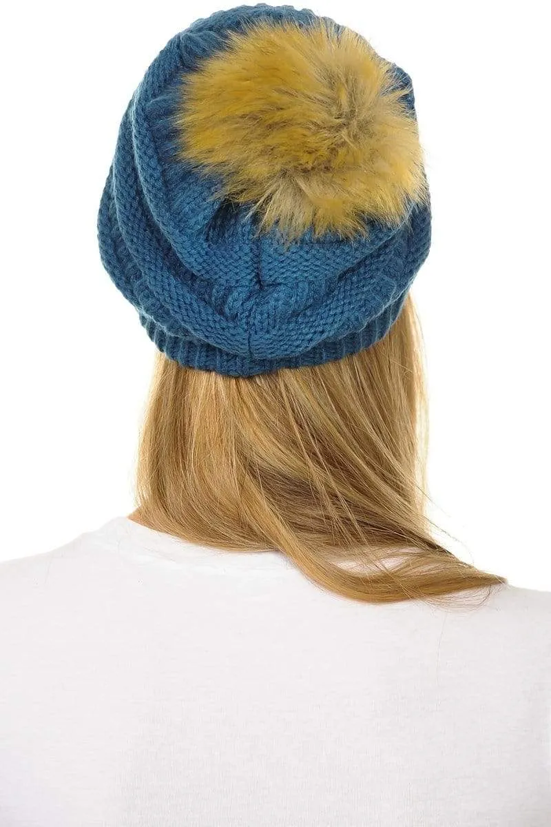 C.C Hat 43 - Slouchy Thick Warm Cap Hat Skully Faux Fur Pom Pom Cable Knit Beanie
