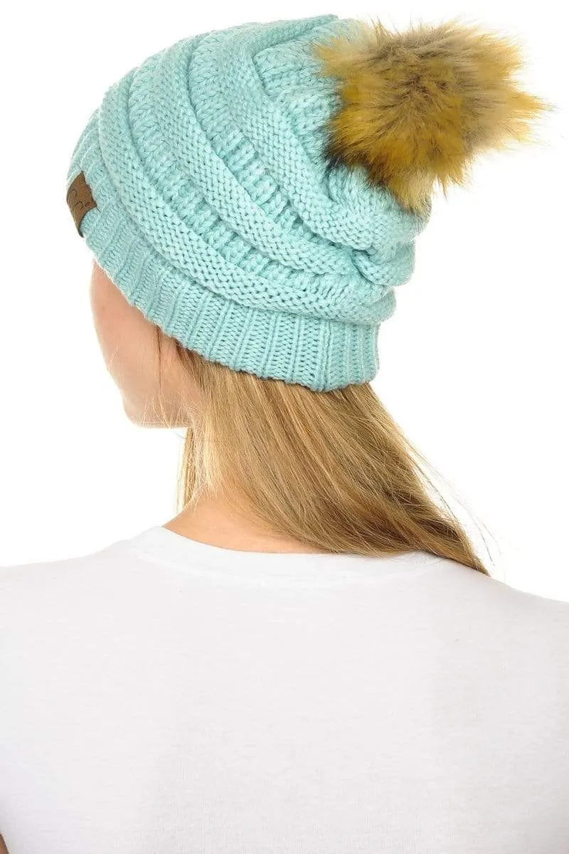 C.C Hat 43 - Slouchy Thick Warm Cap Hat Skully Faux Fur Pom Pom Cable Knit Beanie
