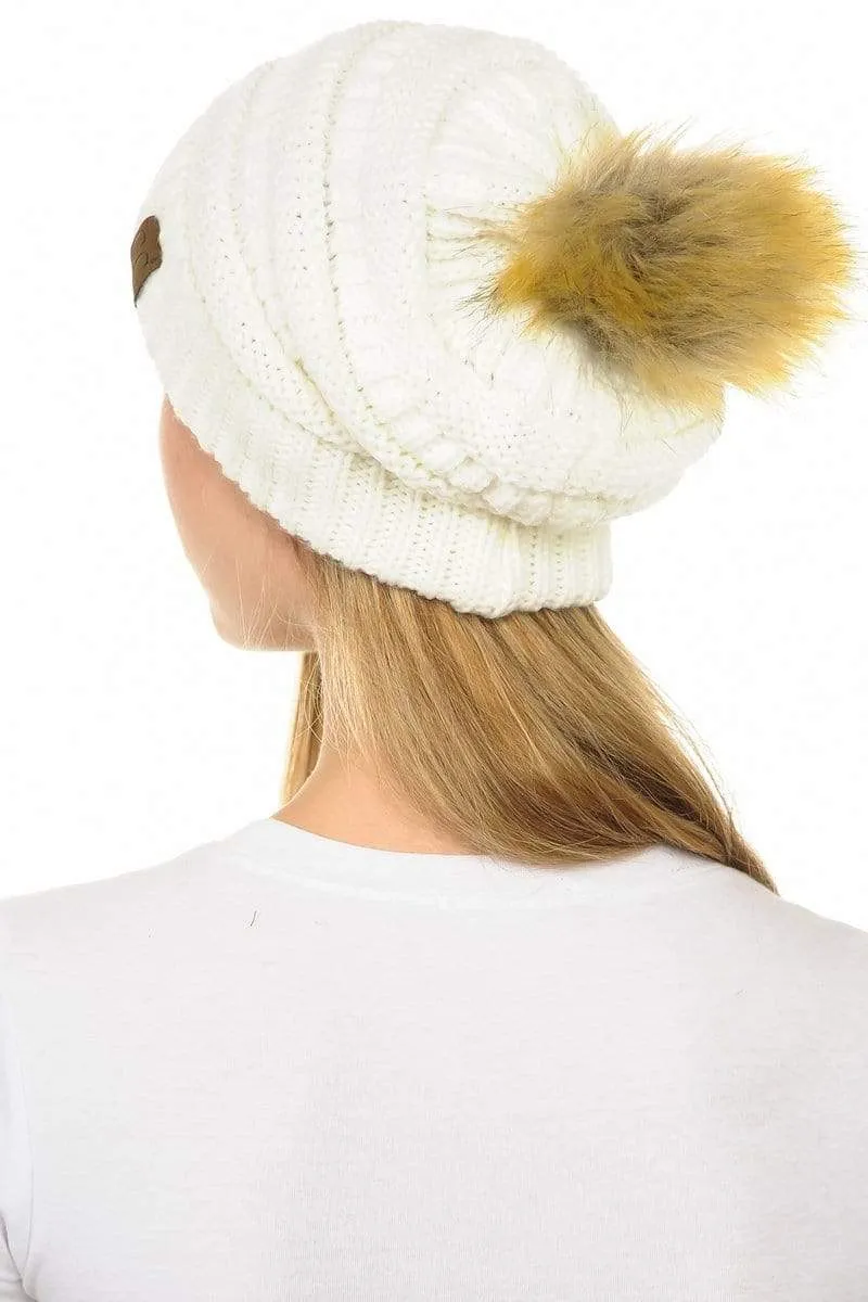C.C Hat 43 - Slouchy Thick Warm Cap Hat Skully Faux Fur Pom Pom Cable Knit Beanie