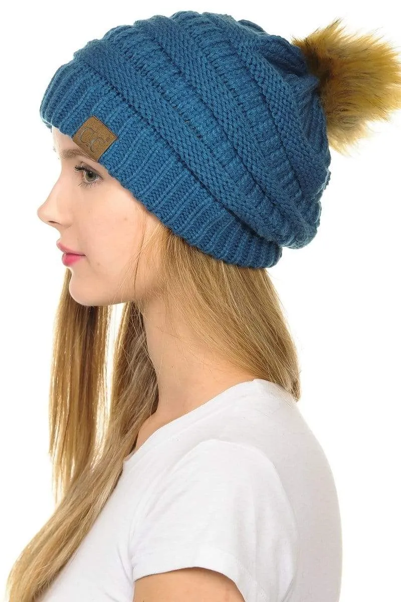 C.C Hat 43 - Slouchy Thick Warm Cap Hat Skully Faux Fur Pom Pom Cable Knit Beanie