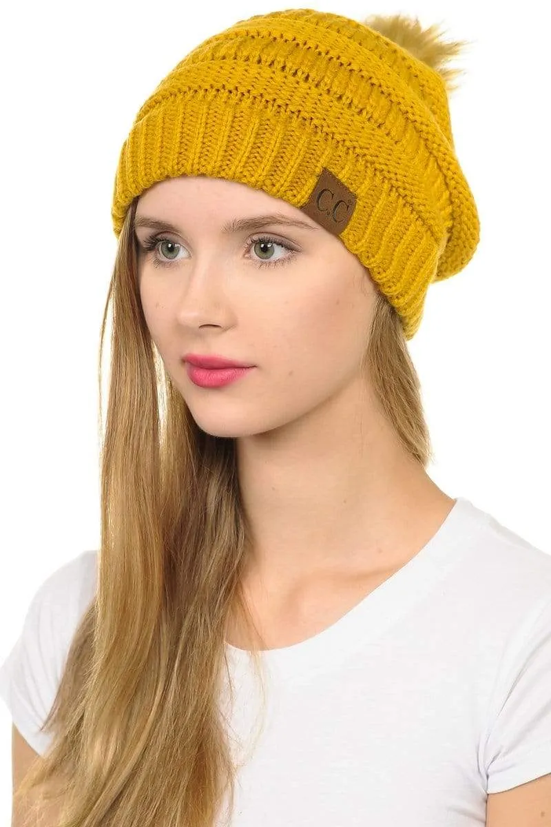 C.C Hat 43 - Slouchy Thick Warm Cap Hat Skully Faux Fur Pom Pom Cable Knit Beanie