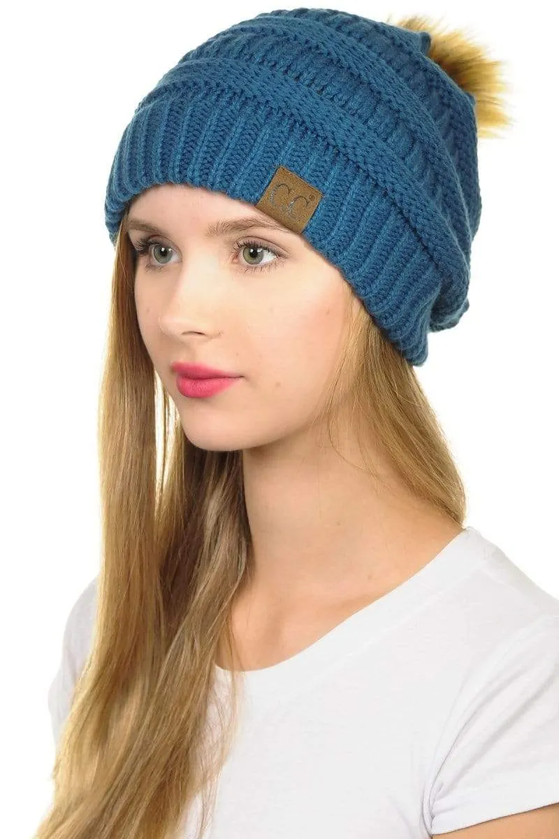 C.C Hat 43 - Slouchy Thick Warm Cap Hat Skully Faux Fur Pom Pom Cable Knit Beanie