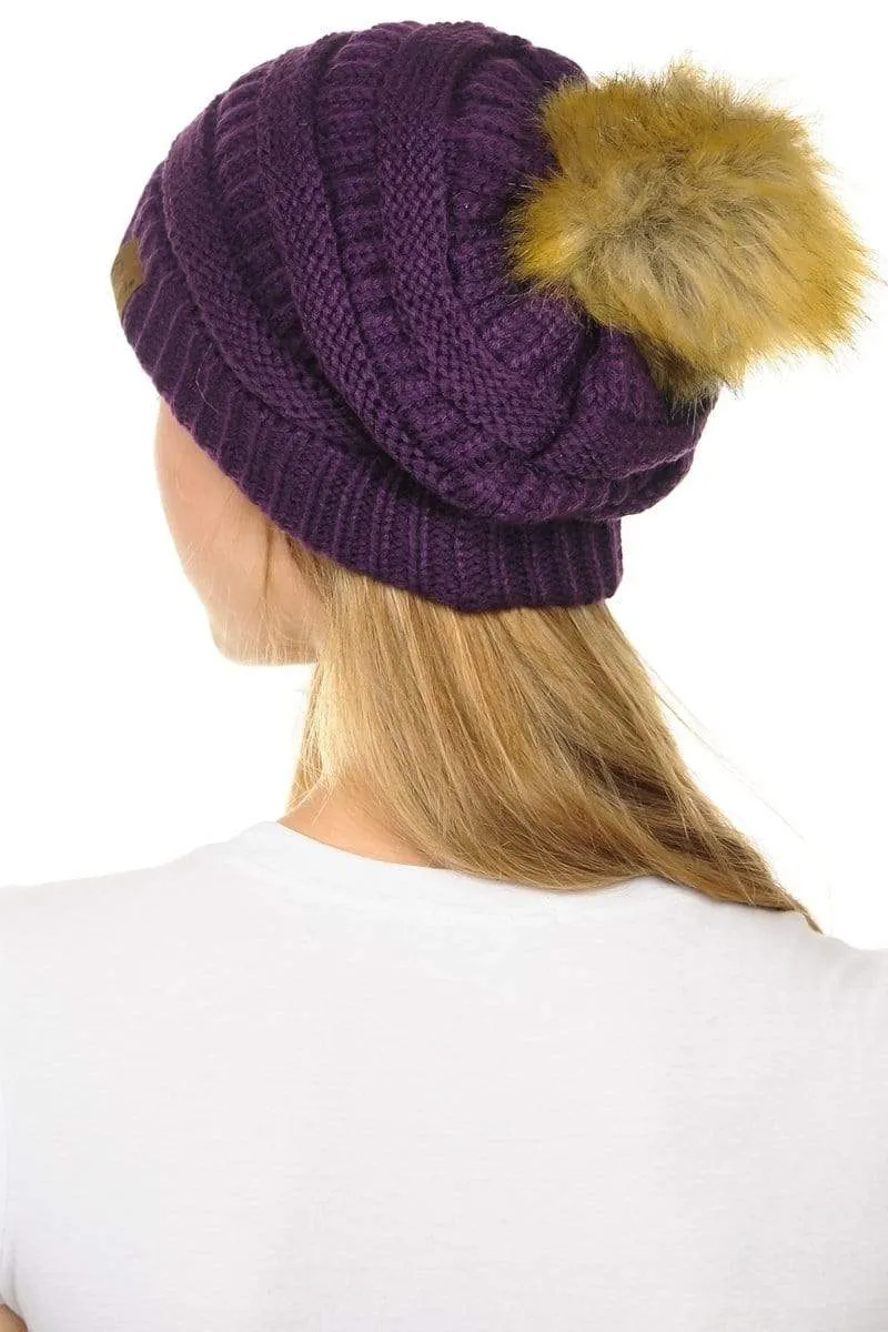 C.C Hat 43 - Slouchy Thick Warm Cap Hat Skully Faux Fur Pom Pom Cable Knit Beanie