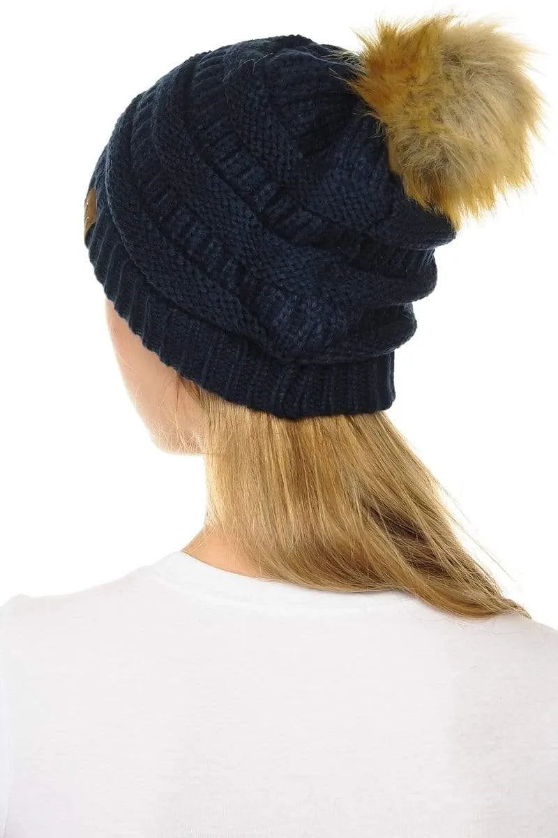 C.C Hat 43 - Slouchy Thick Warm Cap Hat Skully Faux Fur Pom Pom Cable Knit Beanie