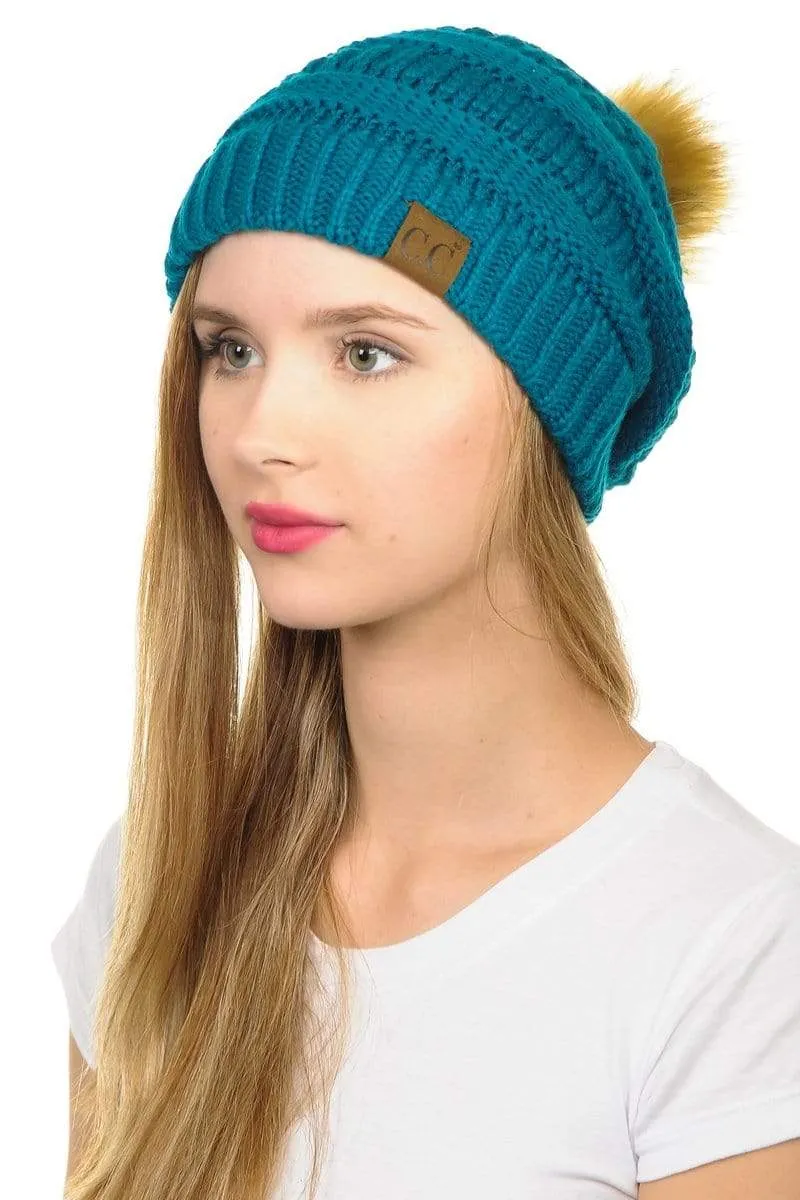 C.C Hat 43 - Slouchy Thick Warm Cap Hat Skully Faux Fur Pom Pom Cable Knit Beanie
