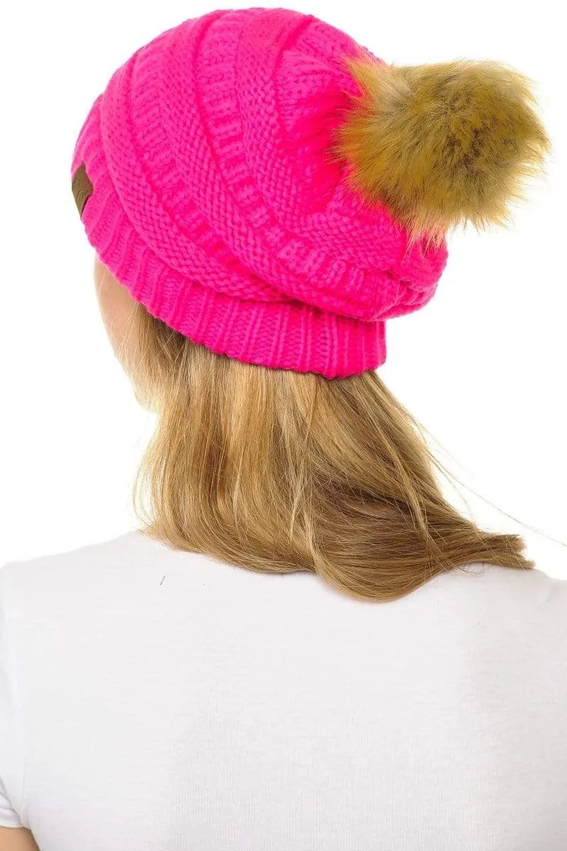 C.C Hat 43 - Slouchy Thick Warm Cap Hat Skully Faux Fur Pom Pom Cable Knit Beanie