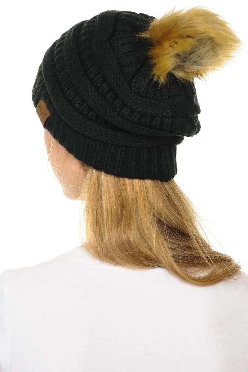 C.C Hat 43 - Slouchy Thick Warm Cap Hat Skully Faux Fur Pom Pom Cable Knit Beanie