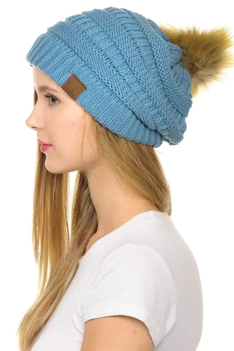 C.C Hat 43 - Slouchy Thick Warm Cap Hat Skully Faux Fur Pom Pom Cable Knit Beanie