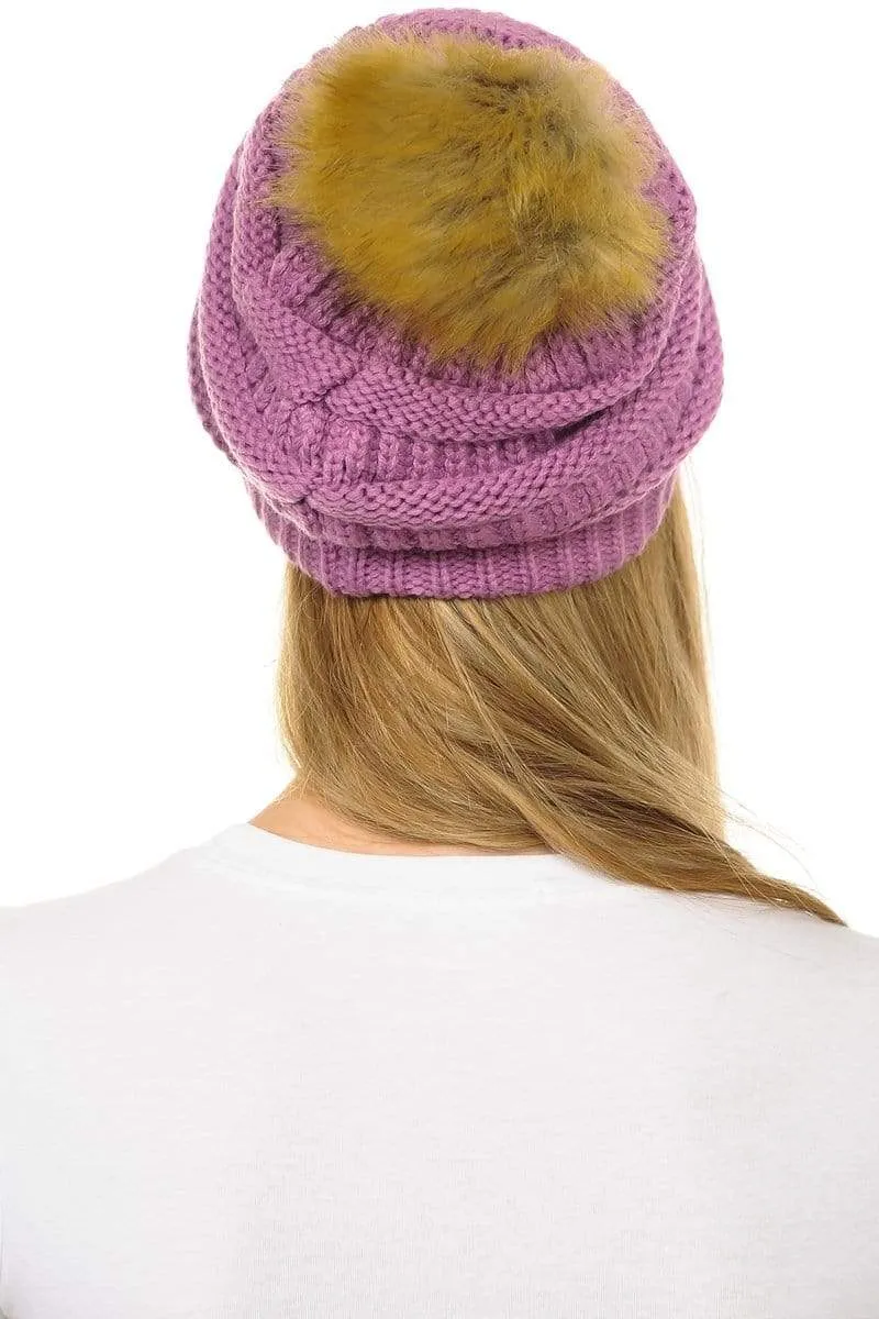 C.C Hat 43 - Slouchy Thick Warm Cap Hat Skully Faux Fur Pom Pom Cable Knit Beanie