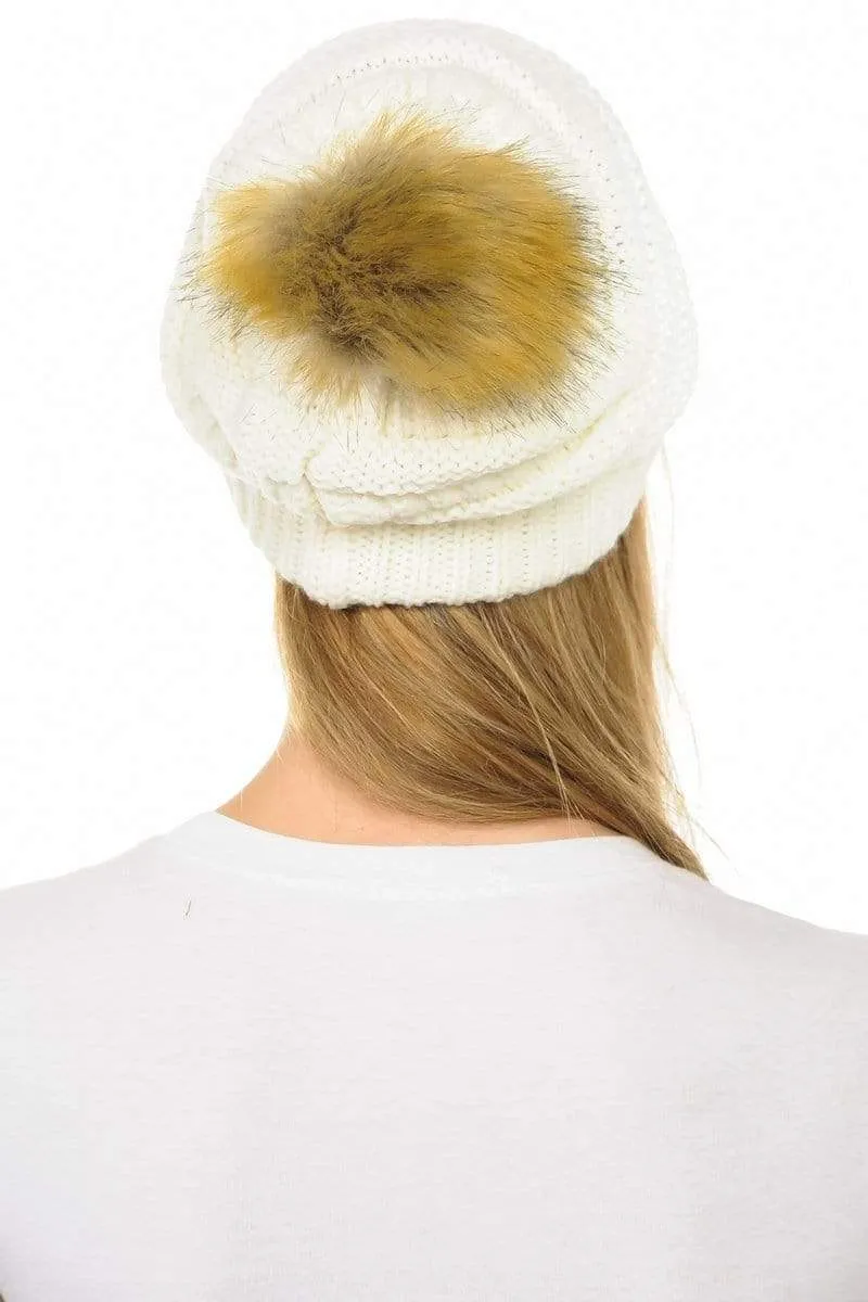 C.C Hat 43 - Slouchy Thick Warm Cap Hat Skully Faux Fur Pom Pom Cable Knit Beanie