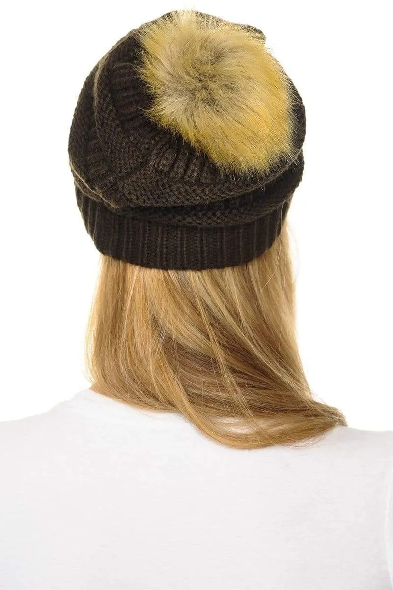 C.C Hat 43 - Slouchy Thick Warm Cap Hat Skully Faux Fur Pom Pom Cable Knit Beanie