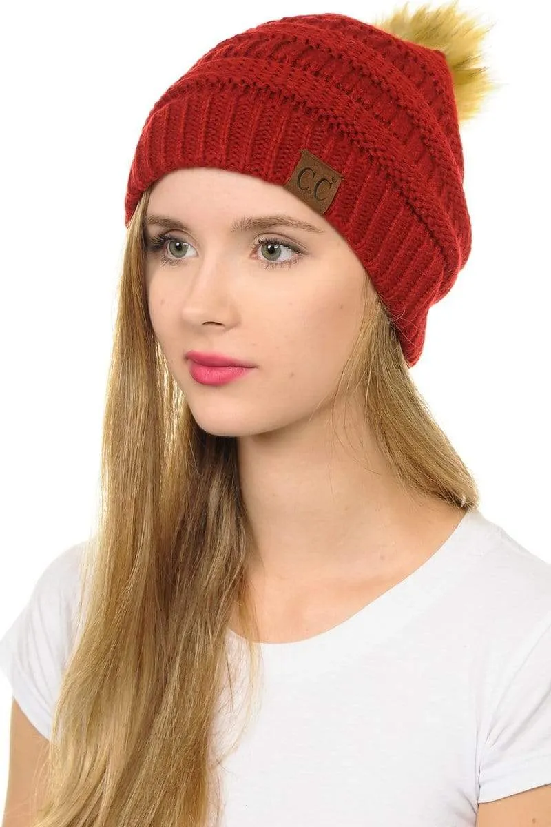 C.C Hat 43 - Slouchy Thick Warm Cap Hat Skully Faux Fur Pom Pom Cable Knit Beanie