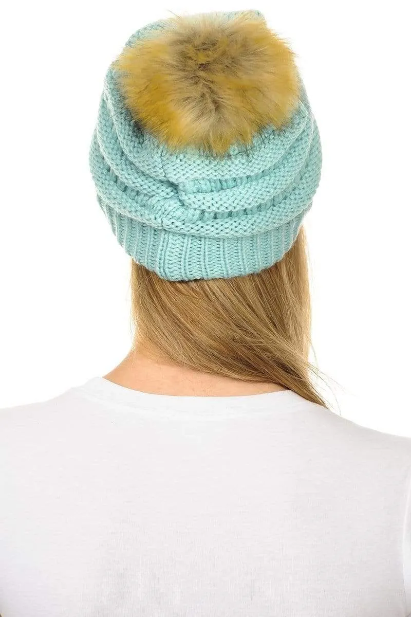 C.C Hat 43 - Slouchy Thick Warm Cap Hat Skully Faux Fur Pom Pom Cable Knit Beanie