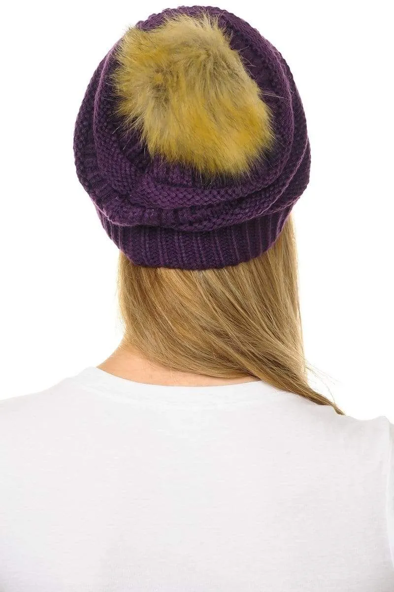 C.C Hat 43 - Slouchy Thick Warm Cap Hat Skully Faux Fur Pom Pom Cable Knit Beanie