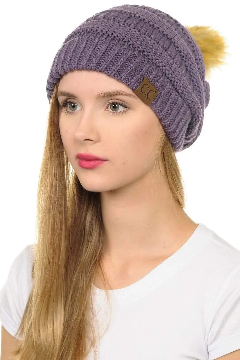 C.C Hat 43 - Slouchy Thick Warm Cap Hat Skully Faux Fur Pom Pom Cable Knit Beanie