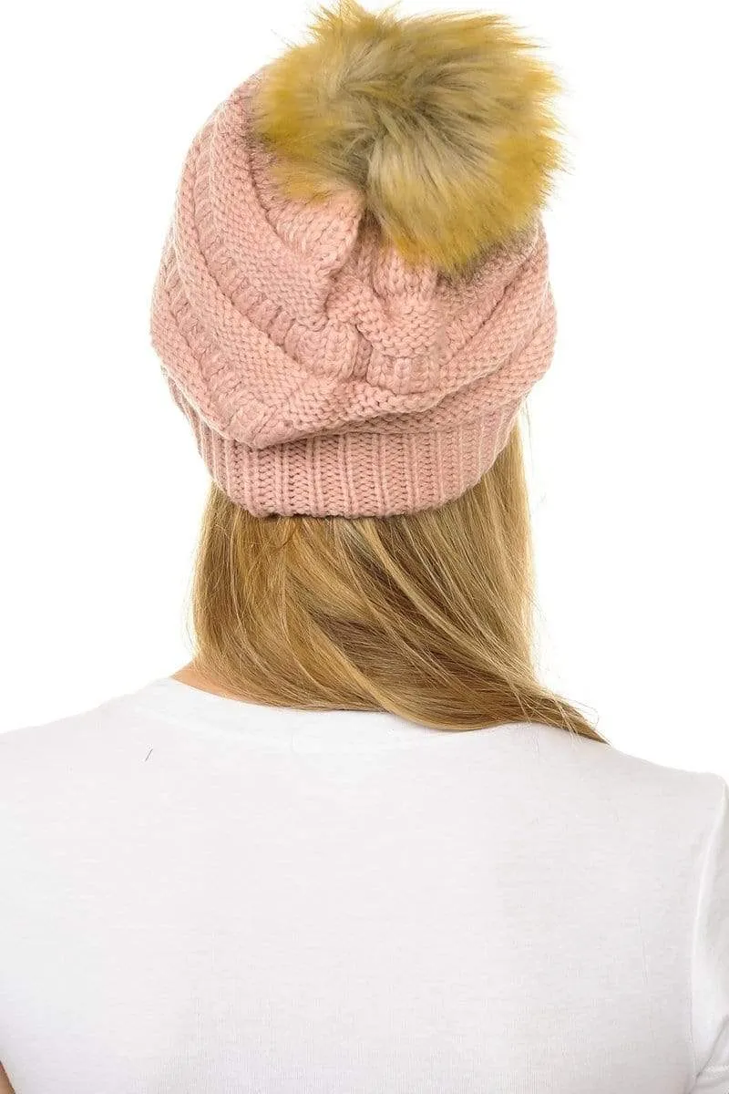 C.C Hat 43 - Slouchy Thick Warm Cap Hat Skully Faux Fur Pom Pom Cable Knit Beanie