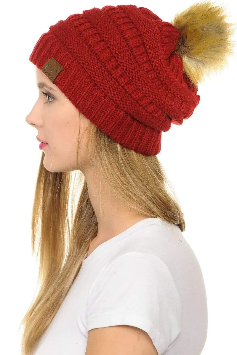 C.C Hat 43 - Slouchy Thick Warm Cap Hat Skully Faux Fur Pom Pom Cable Knit Beanie