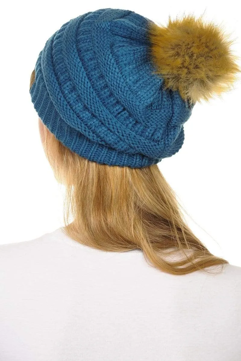 C.C Hat 43 - Slouchy Thick Warm Cap Hat Skully Faux Fur Pom Pom Cable Knit Beanie